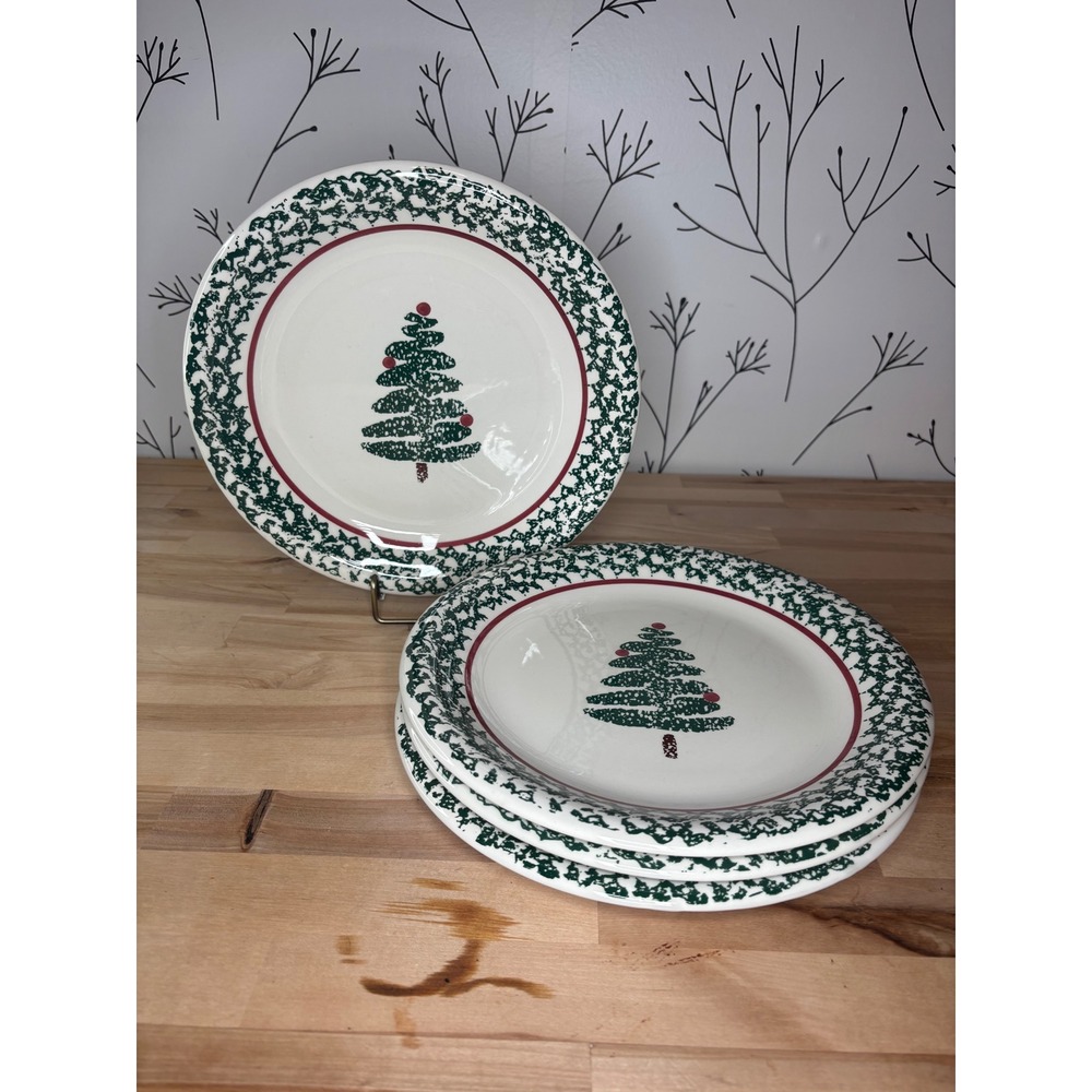 Furio Italy Christmas Tree Dinner Plates Set of 4 Green Sponged Red Rim 10.5in